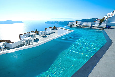 green in-ground pool, sea, pool, Santorini, Greece, the hotel, HD wallpaper HD wallpaper