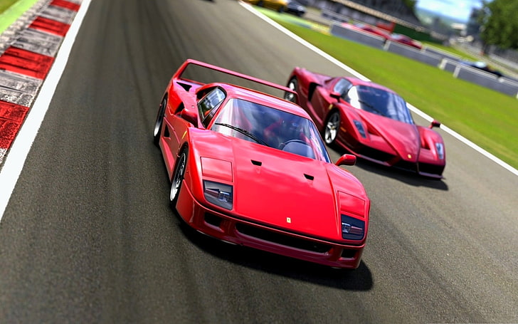 rojo Ferrari F40 y Enzo, coche, Ferrari, F40, Enzo Ferrari, Gran Turismo, Gran Turismo 5, videojuegos, Fondo de pantalla HD