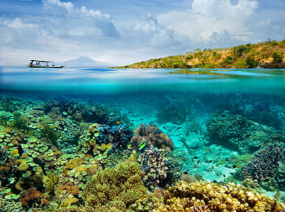 Photographie sous-marine à moitié sous-marine, photo sous-marine de récif de corail, voyage, autre, océan, poisson, turquoise, sous l'eau, île, eau, tropical, bateau, récifs, coraux, clair, tourisme, Fond d'écran HD HD wallpaper