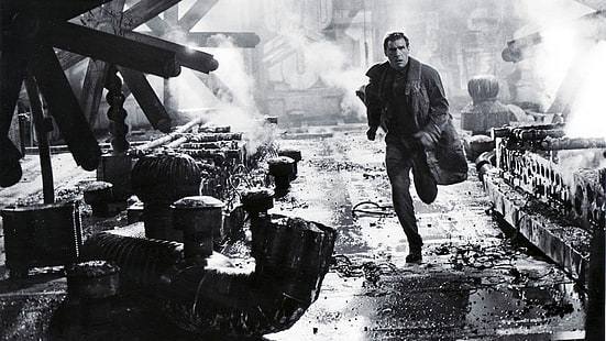Foto de clip de película en escala de grises, Blade Runner, películas, captura de pantalla, Harrison Ford, Rick Deckard, Fondo de pantalla HD HD wallpaper