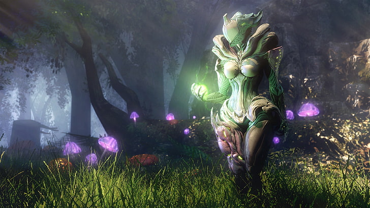 fondo de pantalla de personaje de juego verde, Warframe, Saryn (Warframe), videojuegos, bosque, armadura, arte de fantasía, Fondo de pantalla HD