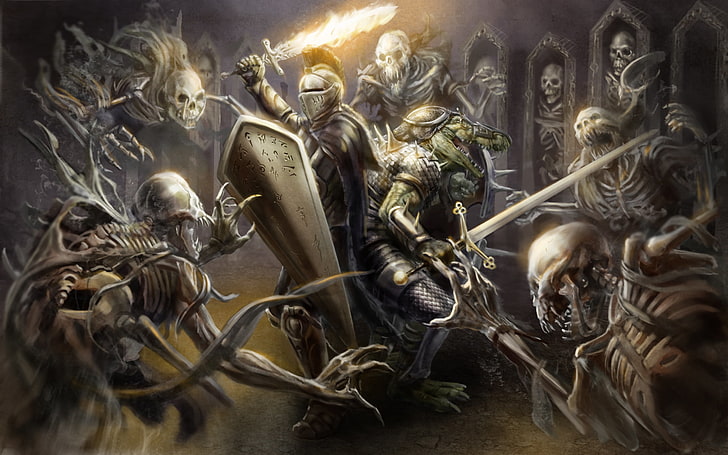 рыцарь и нежить обои, рыцарь, доспехи, шлем, оружие, меч, огонь, щит, скелеты крокодила, арт, HD обои
