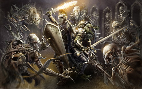рыцарь и нежить обои, рыцарь, доспехи, шлем, оружие, меч, огонь, щит, скелеты крокодила, арт, HD обои HD wallpaper