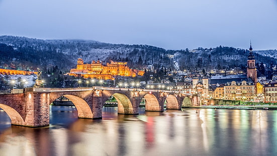 Замъци, замък Хайделберг, мост, замък, Германия, светлина, нощ, река, зима, HD тапет HD wallpaper