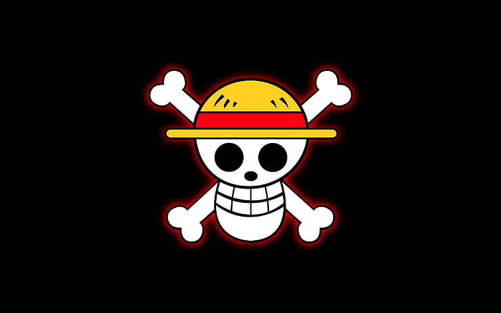 Logotipo de One Piece, calavera, resplandor, sombrero, huesos, fondo negro, diversión, una pieza, sombrero de paja, Fondo de pantalla HD
