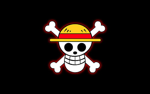 One Piece logo, skull, glow, hat, bones, black background, fun, one piece, straw hat, HD wallpaper HD wallpaper