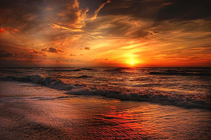 abendstimmung, sea, beach, north, water, sunset, HD wallpaper