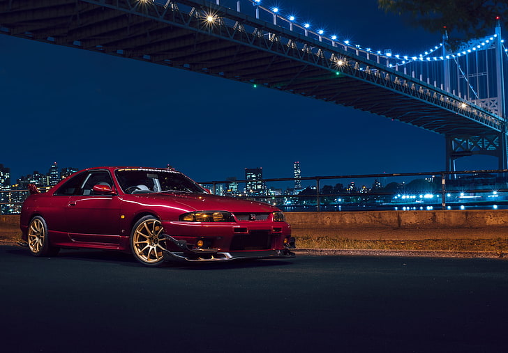 red coupe, Nissan, Car, Front, Bridge, New York, NYC, Skyline, Sport, R33, Nigth, Chery, HD wallpaper