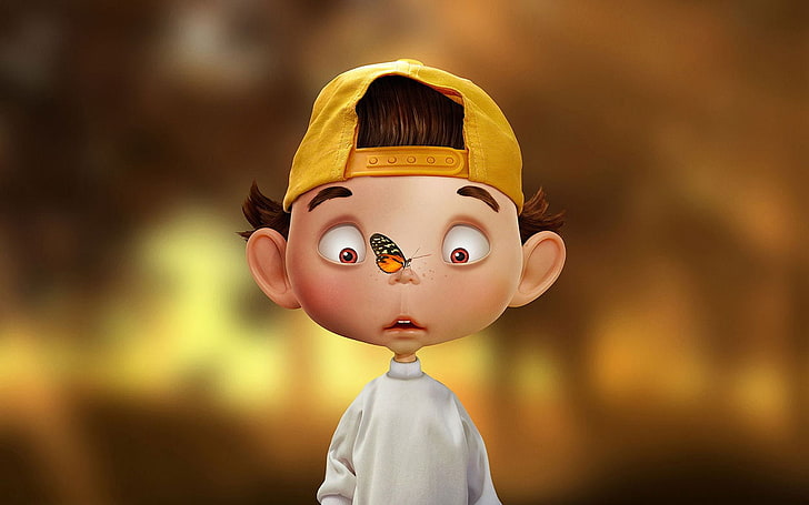 Niño asombrado, personaje de dibujos animados de niño con gorra amarilla, dibujos animados, dibujos animados, amarillo, mariposa, sombrero, niño, Fondo de pantalla HD