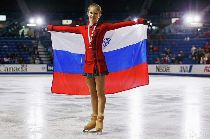 white, blue, and red flag, light, smile, victory, ice, flag, beauty, medal, Russia, Yulia Lipnitskaya, skater, champion, HD wallpaper
