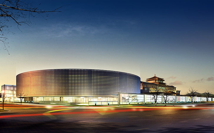 stadion beton abu-abu, matahari terbenam, lanskap kota, Wallpaper HD