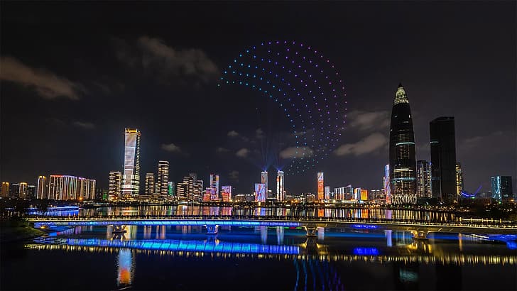 gece, ışıklar, panorama, Çin, Shenzhen, HD masaüstü duvar kağıdı