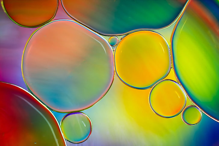 green and yellow bubble artwork, water, bubbles, paint, color, oil, liquid, the air, the volume, HD wallpaper