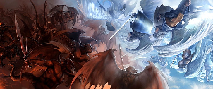 천사와 악마 전쟁 디지털 벽지, 무기, 환영, 날개, 칼, 천사, 예술, 악, 전투, 악마, sakimichan, HD 배경 화면
