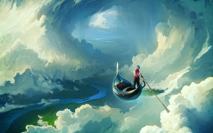Clouds Gondola Man Artwork Dream, clouds, gondola, artwork, dream, HD wallpaper
