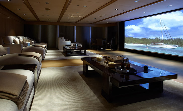 rectangular brown wooden table, interior, home, cinema, sofas, cushions, tables, lighting, screen, film, HD wallpaper