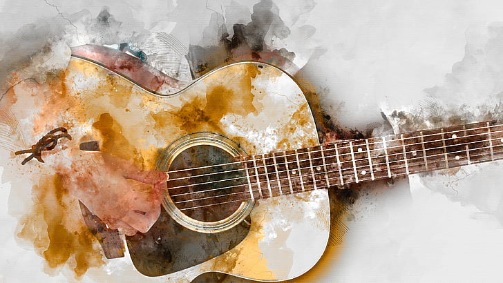 guitar, playing, acoustic guitar, watercolor painting, painting art, instrument, string instrument, artwork, musical instrument, art, abstract art, abstract, HD wallpaper
