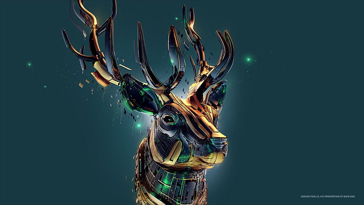 Adam Spizak, Deer, Desktopography, digital art, Reindeer, teal, HD wallpaper