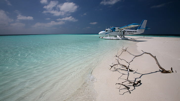 plaża, samolot, hydroplan, tropik, morze, Malediwy, Tapety HD