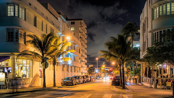 Miami, Florida, USA, Stadtstraße am Abend, Lichter, Miami, Florida, USA, Stadt, Straße, Abend, Lichter, HD-Hintergrundbild