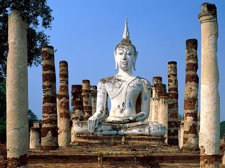 vit och brun betongbyggnad, Buddha, staty, Thailand, medeltida, religion, HD tapet