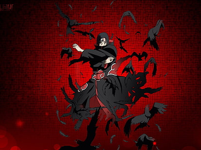 Uchiha Itachi, fond d'écran, Naruto Shippuuden, Uchiha Itachi, corbeau, fond rouge, Akatsuki, anime, Fond d'écran HD HD wallpaper