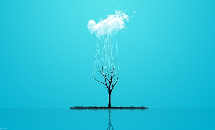 silhouette of bare tree illustration, clouds, trees, digital art, blue background, text, reflection, ropes, HD wallpaper