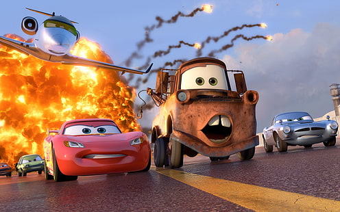 Disney Pixar Cars Lightning McQueen dan Mater wallpaper, mesin, ledakan, olahraga, kartun, Lightning, ras, pesawat, Pixar, agen khusus, mata-mata, kejuaraan, balap, penuntutan, Mobil 2, agen, Walt Disney, film animasi, Mater, McQueen, Grand Prix Dunia, Tokyo drift, Finn McMissile, Owen Wilson, Wallpaper HD HD wallpaper