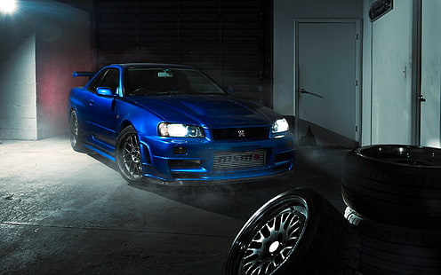 GTR, Nissan, Blue, R34, Wallpaper HD HD wallpaper