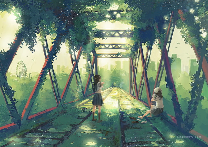 duas personagens de anime feminino no papel de parede da ponte, duas garotas em espera de personagem de desenho nas ferrovias, bebida, grama, folhas, ruínas, uniforme escolar, camisa de levantamento, saia, meias, despir-se, garotas anime, raios de sol, HD papel de parede
