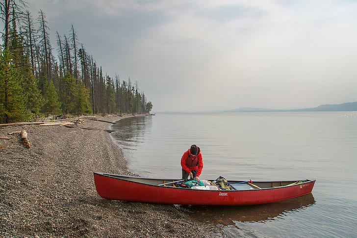 boat, canoe, forest, kayak, lake, outdoors, river, trees, water, watercraft, wilderness, woods, HD wallpaper