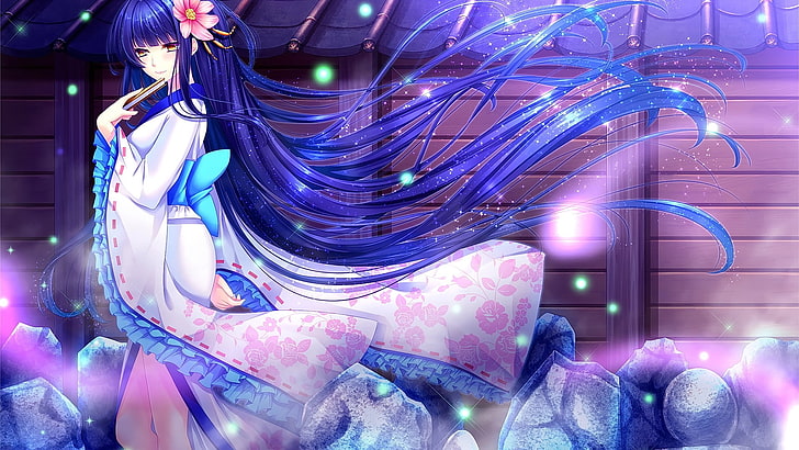 anime, gadis anime, karakter asli, rambut biru, hiasan rambut, rambut panjang, kimono, pakaian Jepang, Wallpaper HD