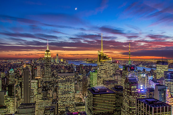city lights digital wallpaper, the sky, clouds, sunset, orange, the city, lights, the moon, view, building, home, New York, a month, skyscrapers, the evening, panorama, USA, Manhattan, blue, NYC, New York City, Empire State Building, The Empire state building, Theatre District, HD wallpaper