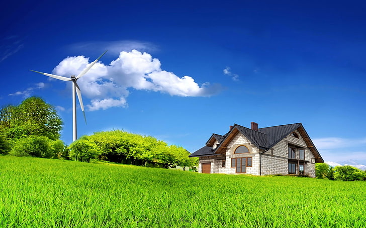 white wind turbine, house, grass, summer, nature, beautiful, HD wallpaper