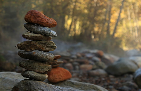 photography of rock balancing, cairn, photography, rock balancing, cairns, valais, suisse, val d'hérens, montagnes, forêts, brume, nature, balance, rock - Object, stone - Object, zen-like, pebble, stack, tranquil Scene, outdoors, stability, harmony, HD wallpaper HD wallpaper