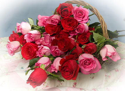 röd och rosa rosbukett, rosor, blommor, mycket, korg, HD tapet HD wallpaper