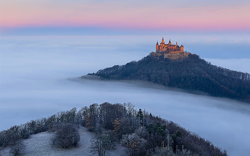 Germany, Castle Hohenzollern, autumn, fog, trees, brown  castle, Germany, Castle, Hohenzollern, Autumn, Fog, Trees, HD wallpaper HD wallpaper