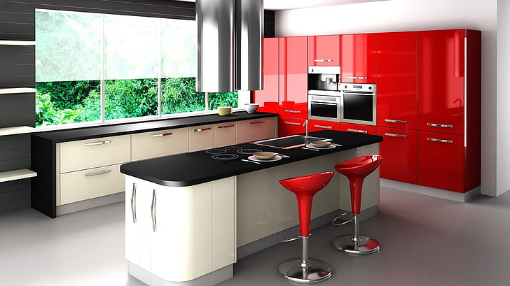 белый и красный деревянный кухонный шкаф, кухня, в помещении, дизайн интерьера, HD обои