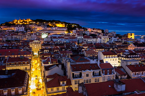 Португалия, Лиссабон, Португалия, Лиссабон, столица, дома, Здания, архитектура, замок, Ночь, огни, синий, небо, HD обои HD wallpaper