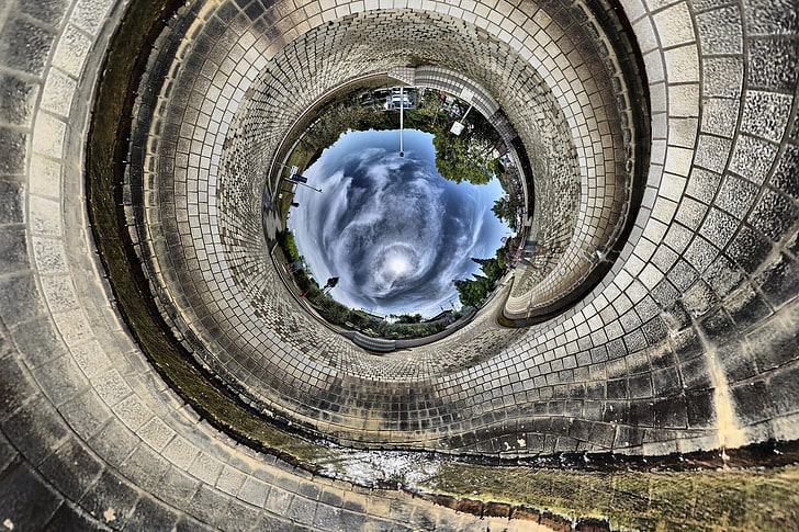 black and gray car wheel, architecture, building, panoramic sphere, clouds, HDR, trees, tiles, urban, street, HD wallpaper
