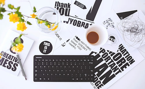 Business, black wireless keyboard and white paper cup, Computers, Others, Business, Designer, Student, Work, Technology, Computer, Keyboard, Office, creativity, equipment, electronics, still life, work desk, computer equipment, electronic equipment, HD wallpaper HD wallpaper