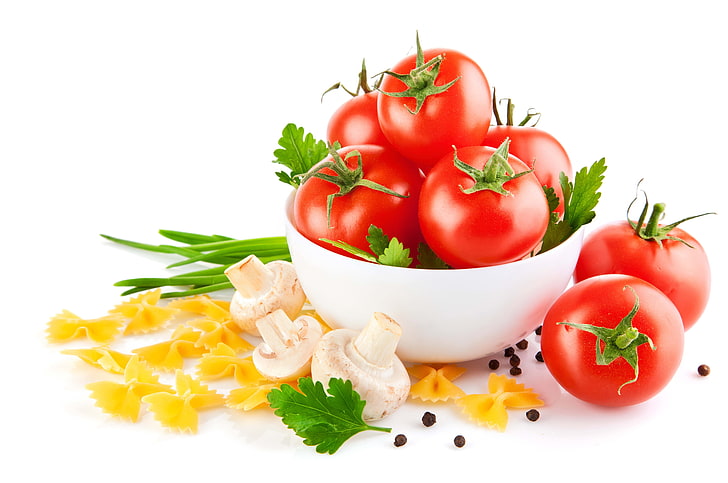 red tomatoes, mushroom and round white bowl, tomatoes, salad, mushrooms, pasta, white background, allspice, HD wallpaper