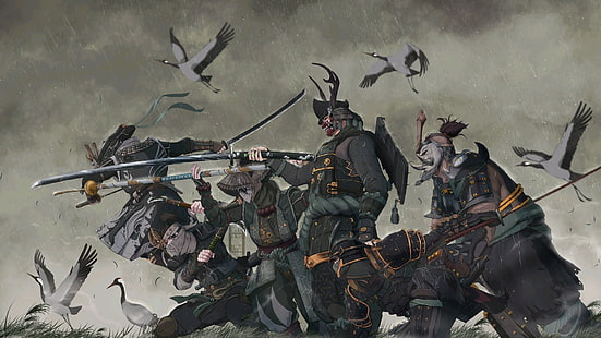 fantasy, rain, armor, katana, birds, weapons, digital art, artwork, mask, warriors, Samurai, swords, fantasy art, pearls, blades, ninjia, HD wallpaper HD wallpaper