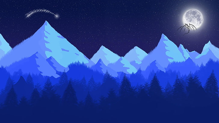 night, draw, moon, romantic, dragon, star, tree, forest, mountains, sky, abstract, HD wallpaper
