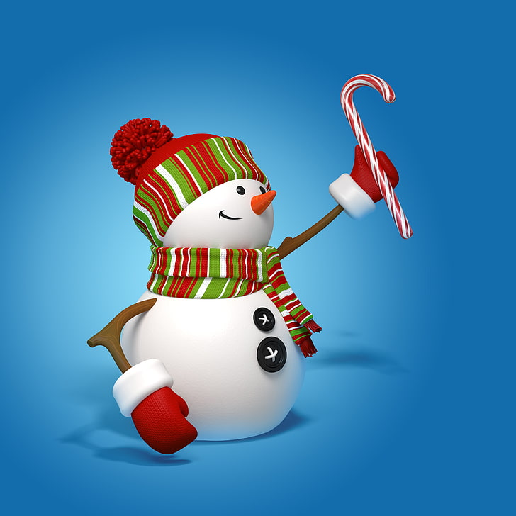 manusia salju memegang ilustrasi permen tongkat, manusia salju, natal, tahun baru, lucu, Wallpaper HD