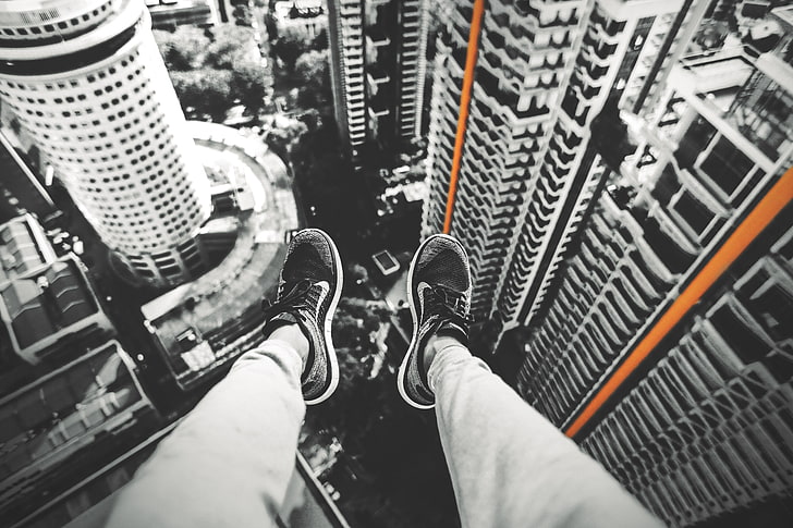 pair of black-and-gray sneakers, skyscraper, legs, Nike, selective coloring, cityscape, rooftopping, gray, city, HD wallpaper
