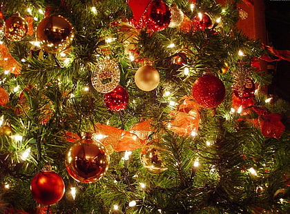 yellow and red Christmas bauballs ], christmas tree, christmas decorations, garlands, new year, celebration, HD wallpaper HD wallpaper