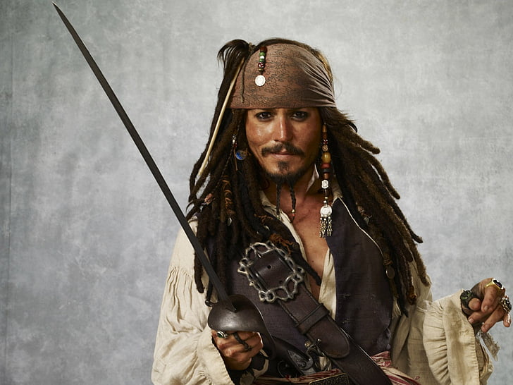 Piratas del Caribe, Actor, Barba, Jack Sparrow, Johnny Depp, Pelo largo, Pirata, Espada, Fondo de pantalla HD