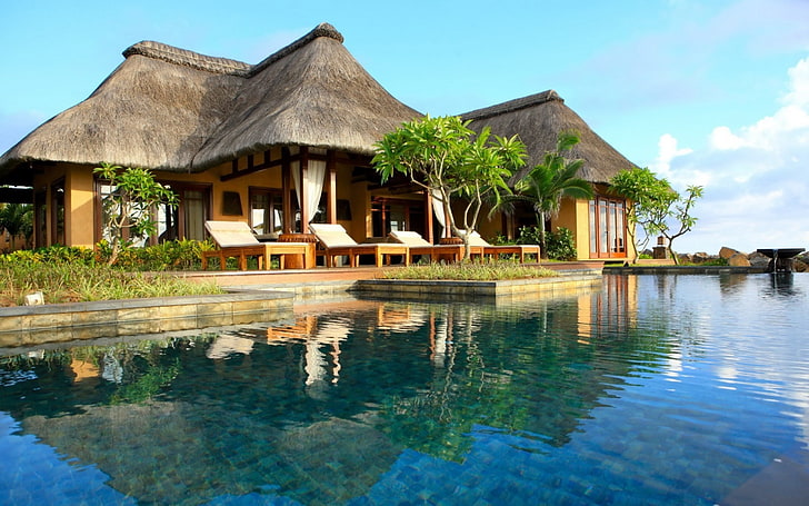bungalow, mer, arbres, resort, Indonésie, Fond d'écran HD