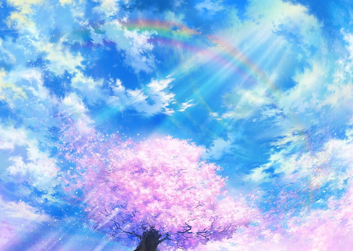 أزهار الكرز ، السحب ، قوس قزح ، السماء ، أشعة الشمس، خلفية HD